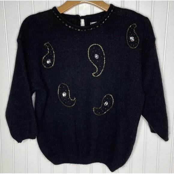 Vintage Koret Petite Small Silk Angora Blend Beaded Paisley S/S Black Sweater - Picture 1 of 12